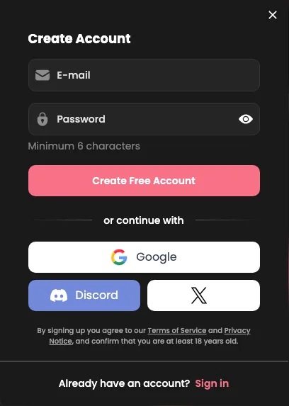 Candy AI Create Account window with email and password fields, Create Free Account button, and Google, Discord and X options