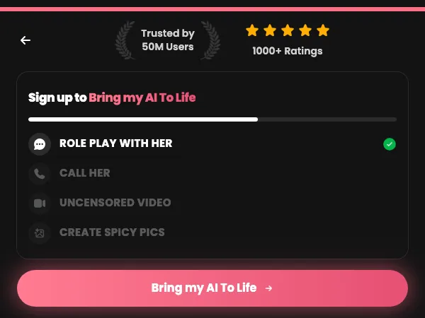 Candy AI page headed Sign up to Bring my AI To Life, with a checklist (Role play with her, Call her, Uncensored video, Create spicy pics) and a Bring my AI To Life button