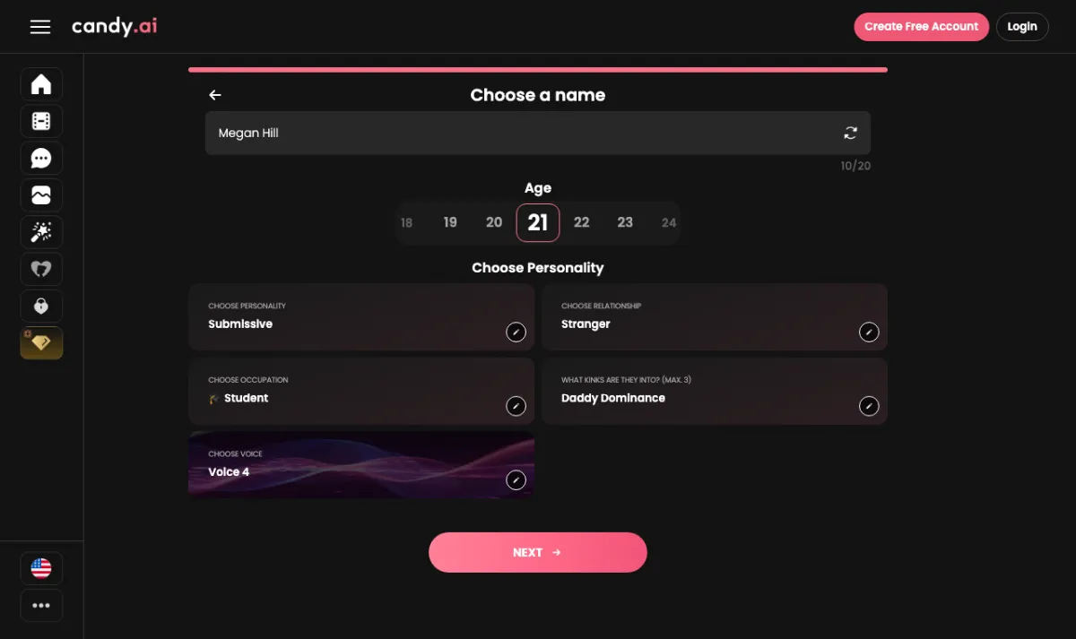 Candy AI creator, logged out: Choose a name (Megan Hill), age picker on 21, and pre-selected Submissive, Stranger, Student, Daddy Dominance and Voice 4 tiles; Create Free Account and Login buttons at top right