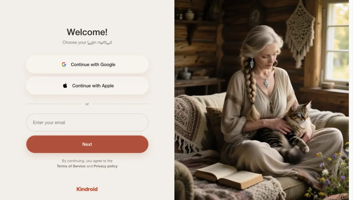Kindroid's Welcome screen with Continue with Google, Continue with Apple and an email field