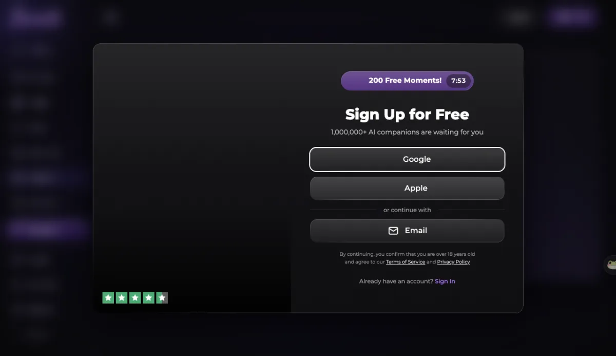 Secrets AI Sign Up for Free window with a 200 Free Moments badge and a countdown, and Google, Apple and Email buttons
