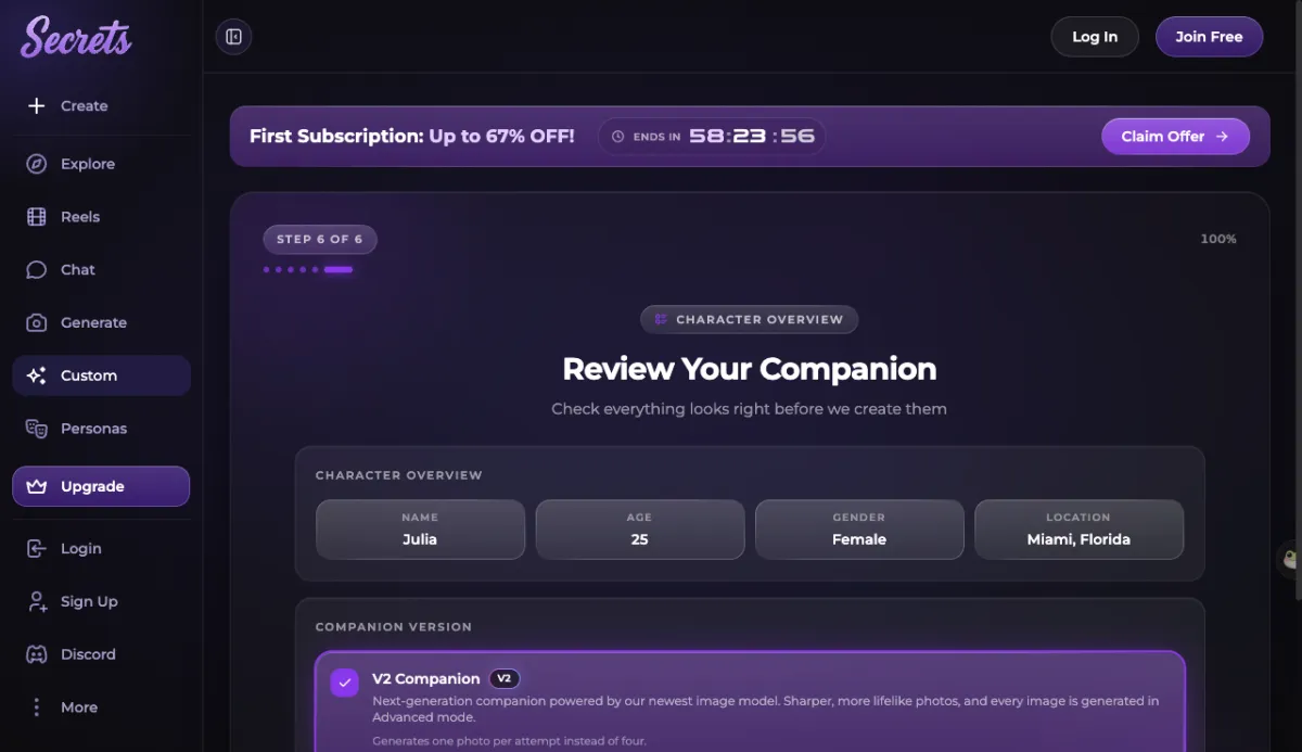 Secrets AI step 6 of 6, Review Your Companion: Julia, 25, Female, Miami, Florida, and the V2 Companion option
