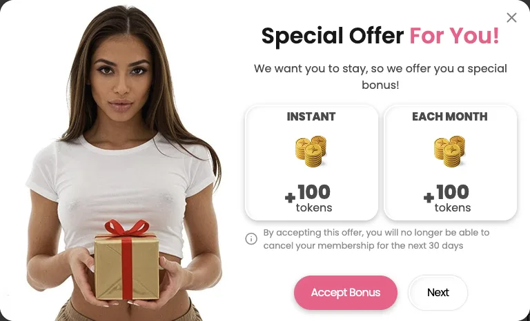 DreamGF special offer during cancellation: 100 tokens instantly and 100 each month, and a note that accepting means you cannot cancel for 30 days