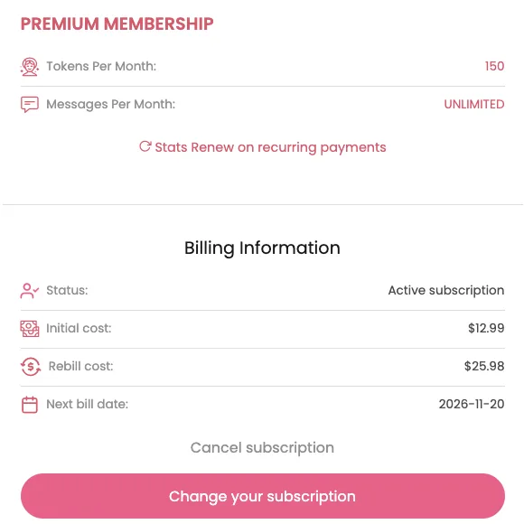 DreamGF billing information: initial cost $12.99, rebill cost $25.98, next bill date 2026-11-20