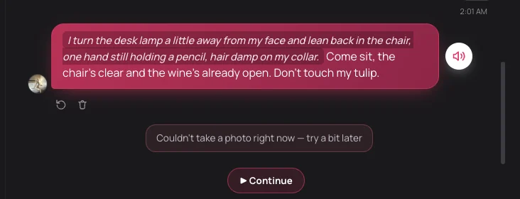 EroLove chat showing the notice “Couldn’t take a photo right now — try a bit later” under a reply