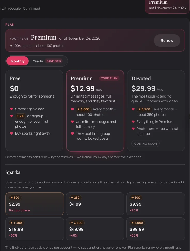 EroLove plans page: Free $0, Premium $12.99 a month with 1,000 sparks, Devoted $29.99 marked coming soon, and the spark pack prices