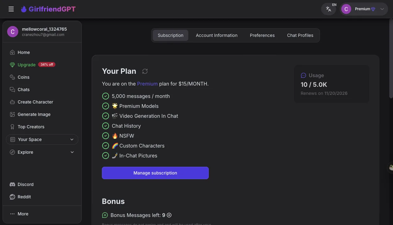 GirlfriendGPT account page: Premium plan for $15 a month, 5,000 messages, NSFW, in-chat pictures