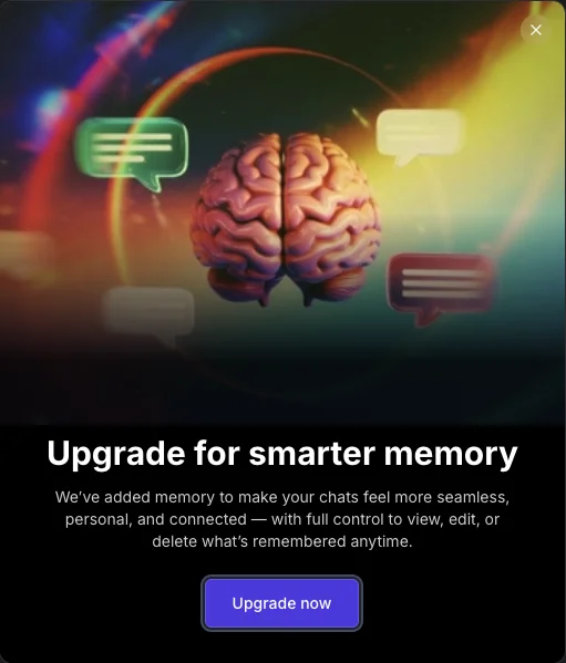 A window over the chat reading Upgrade for smarter memory, with an Upgrade now button