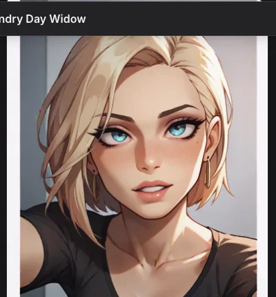 Anime-style selfie of a blonde woman in a black T-shirt against a grey wall
