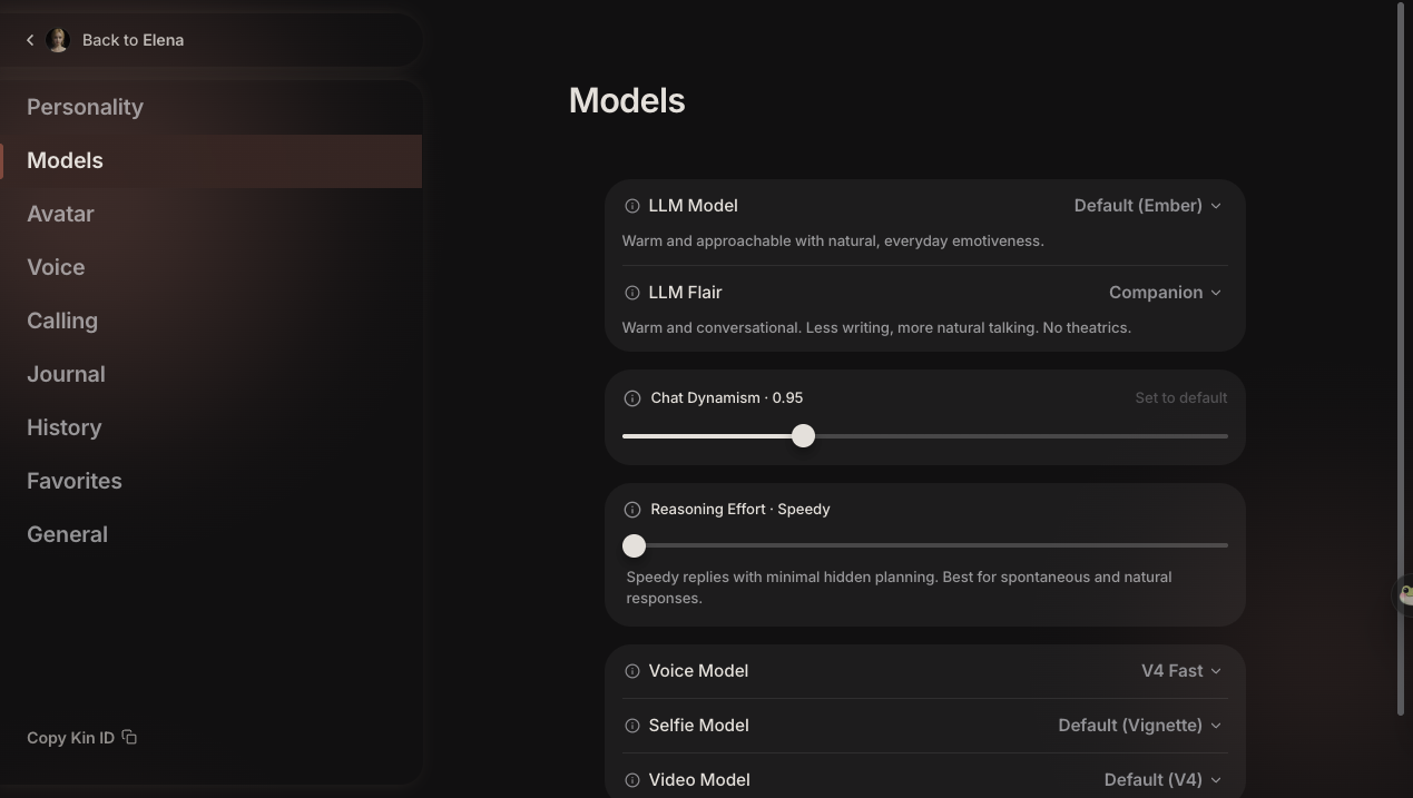 Kindroid V8.5 LLM selector allowing users to switch between Lucidity (grounded) and Lyric (expressive).