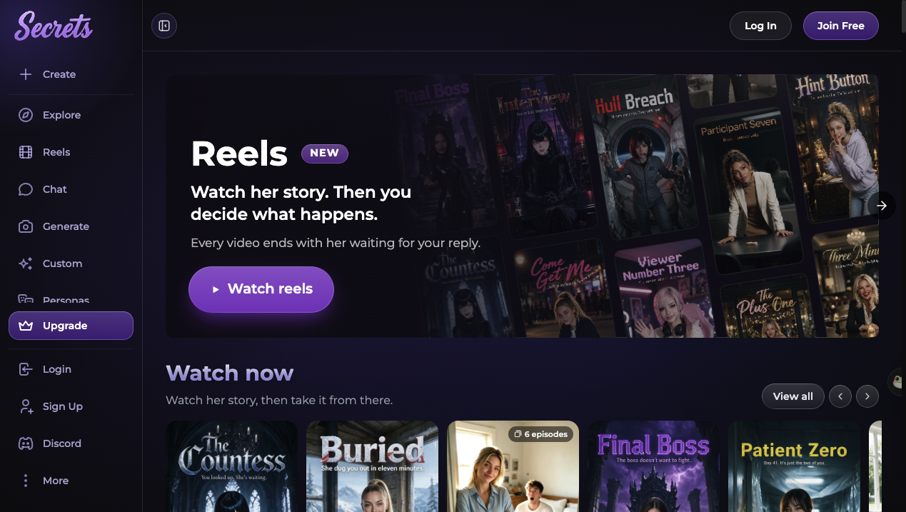 Secrets.ai dark-mode interface with realistic companion cards and video previews.
