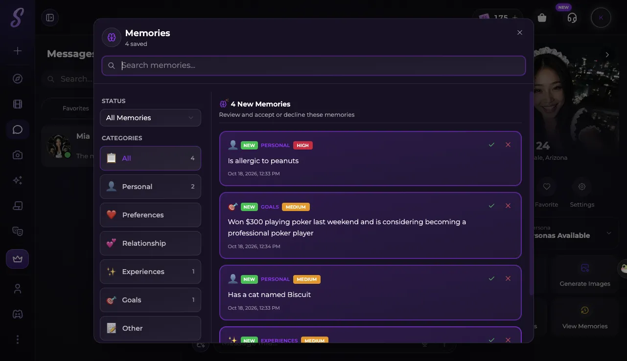Secrets memory panel listing four saved memories with accept and decline buttons