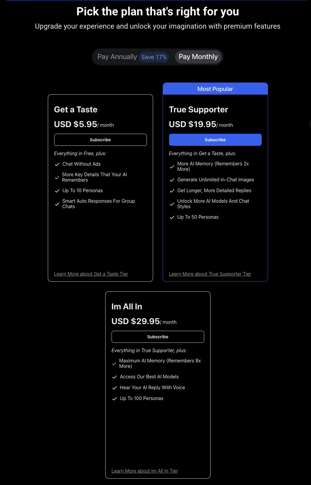SpicyChat plans page: Get a Taste $5.95, True Supporter $19.95, I’m All In $29.95 a month