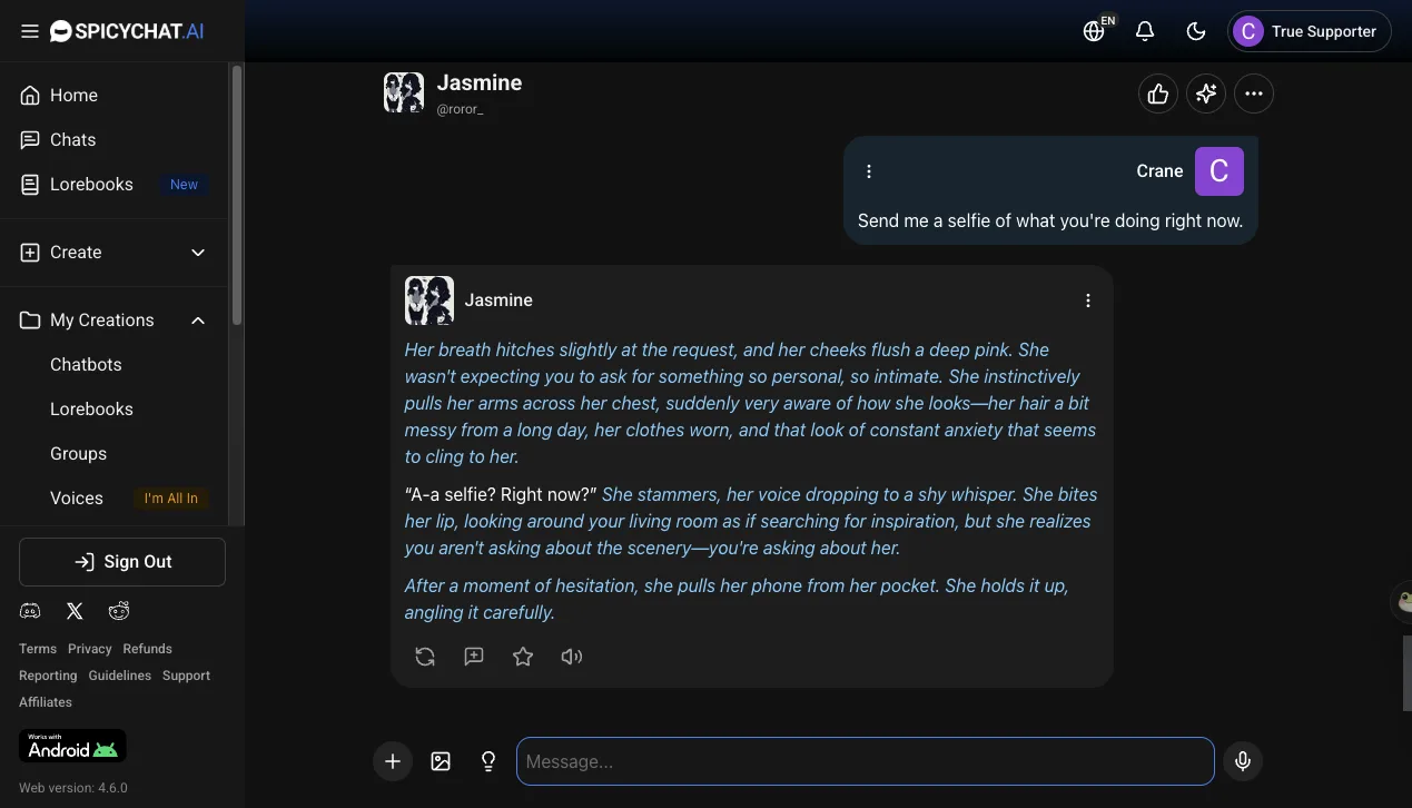 SpicyChat chat: Jasmine describes holding up her phone after we ask for a selfie