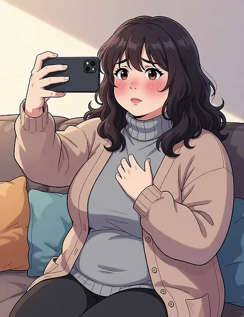 SpicyChat picture: an anime-style woman on a sofa holding up her phone