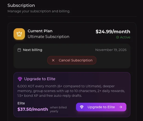 Xotic subscription settings: Ultimate $24.99 a month, active, with an Upgrade to Elite offer at $37.50 a month billed yearly